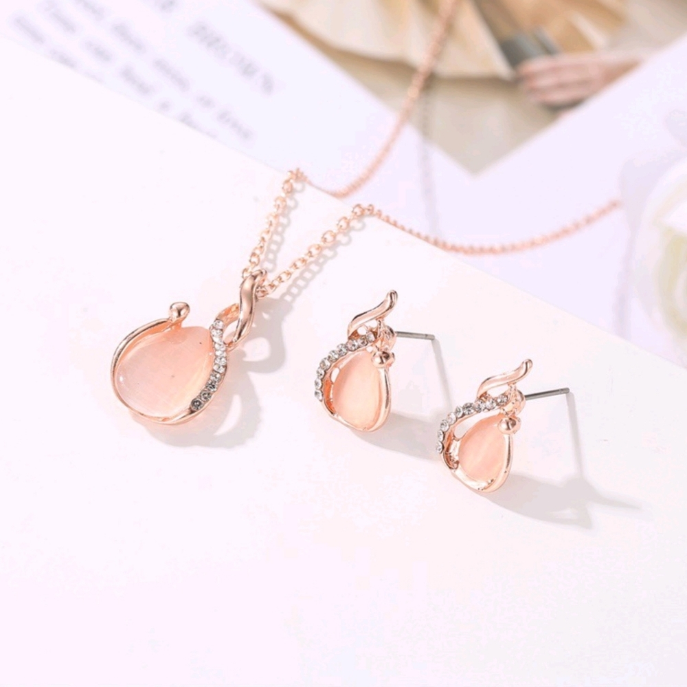 Rose Gold Opal Tear Drop Necklace & Earrings Jewelry Set Crystal Rhinestone NWT